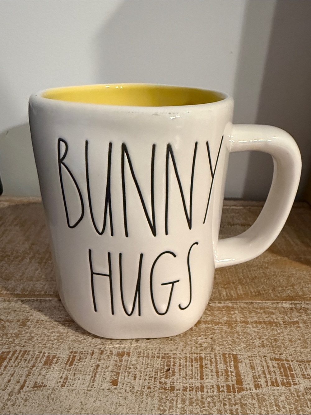 Rae Dunn Bunny Hugs Ceramic Mug - White Exterior with Yellow Interior